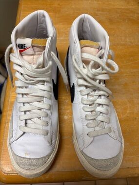 Nike White and Black High-Top Sneakers with Beige Suede